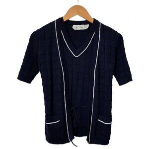 Vintage Marisa Christina Dark Navy Blue Woven Knit Cardigan  Vest Co-Ord Set